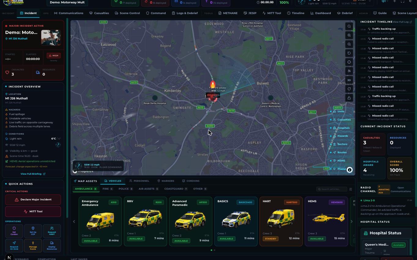 The simulator: live incident map, resource dock, incident timeline and hospital status